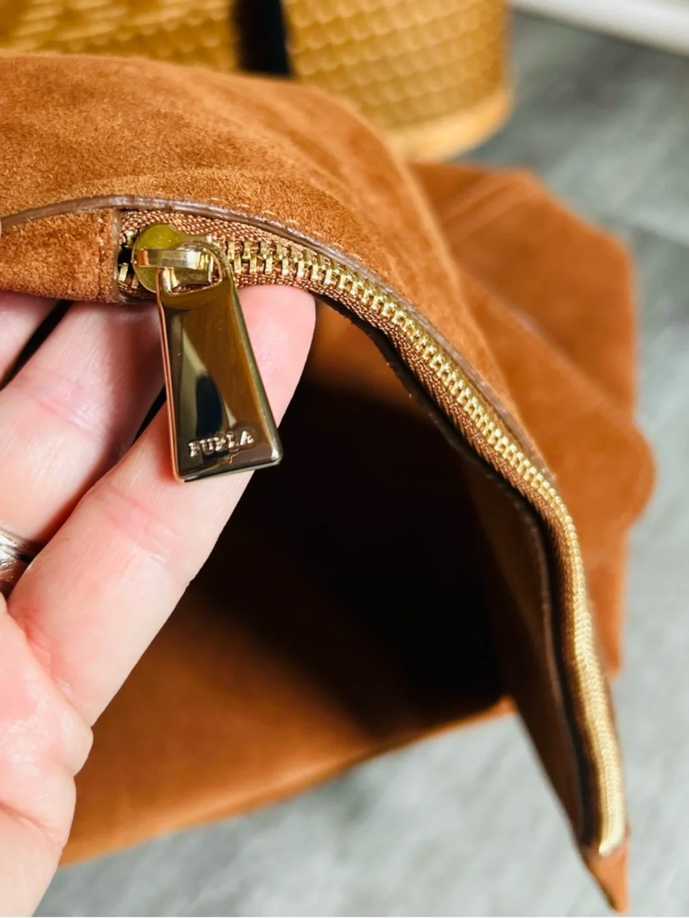 Furla Minerva Suede Hobo Bag Brown Chain Strap Shoulder Boho Luxe Italy Chic